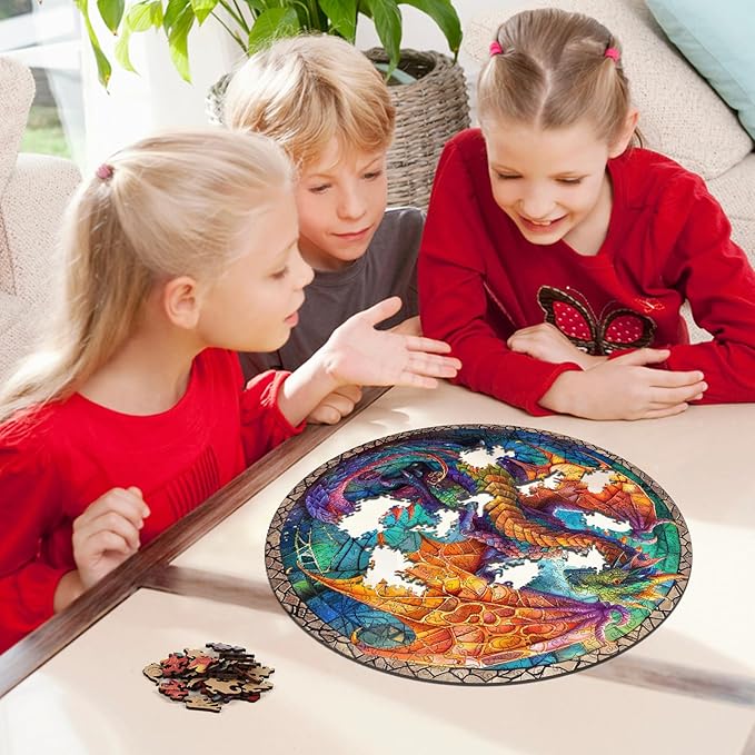 Wooden Puzzles for Adults, Dragon Puzzle Color Challenge Jigsaw Puzzles 300 Piece Royal,12x12.6 in Thickened Unique Shapes Family Reunion Puzzle, Best Gift for Adults and Kids, Family Game