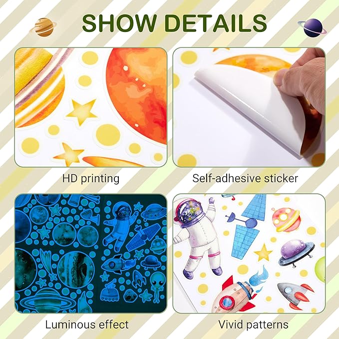 Watercolor Solar System Wall Decals, Glow in The Dark Stars, Kids Planets Sticker for Ceiling, Astronaut Wall Stickers for Bedroom（Blue）