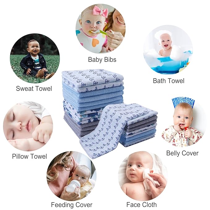 softan Baby Washcloths, 24Pack Baby Wash Cloths Extra Soft & Ultra Absorbent, Baby Towels and Washcloths Face Towel Unisex for Boys Girls Body, Washclothes Gentle on Sensitive Skin, 9x9 Whale & Anchor