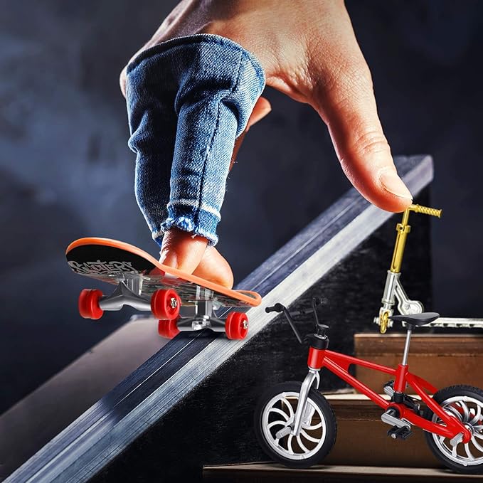 Skylety 31 Pieces Mini Finger Toys Set for Boy Girl Includes 6 Finger Skateboards, 4 Bikes, 2 Mini Scooters 4 Swing Board 8 Matched Wheels 7 Tool Accessories Educational Toy Party Favor(Cool)