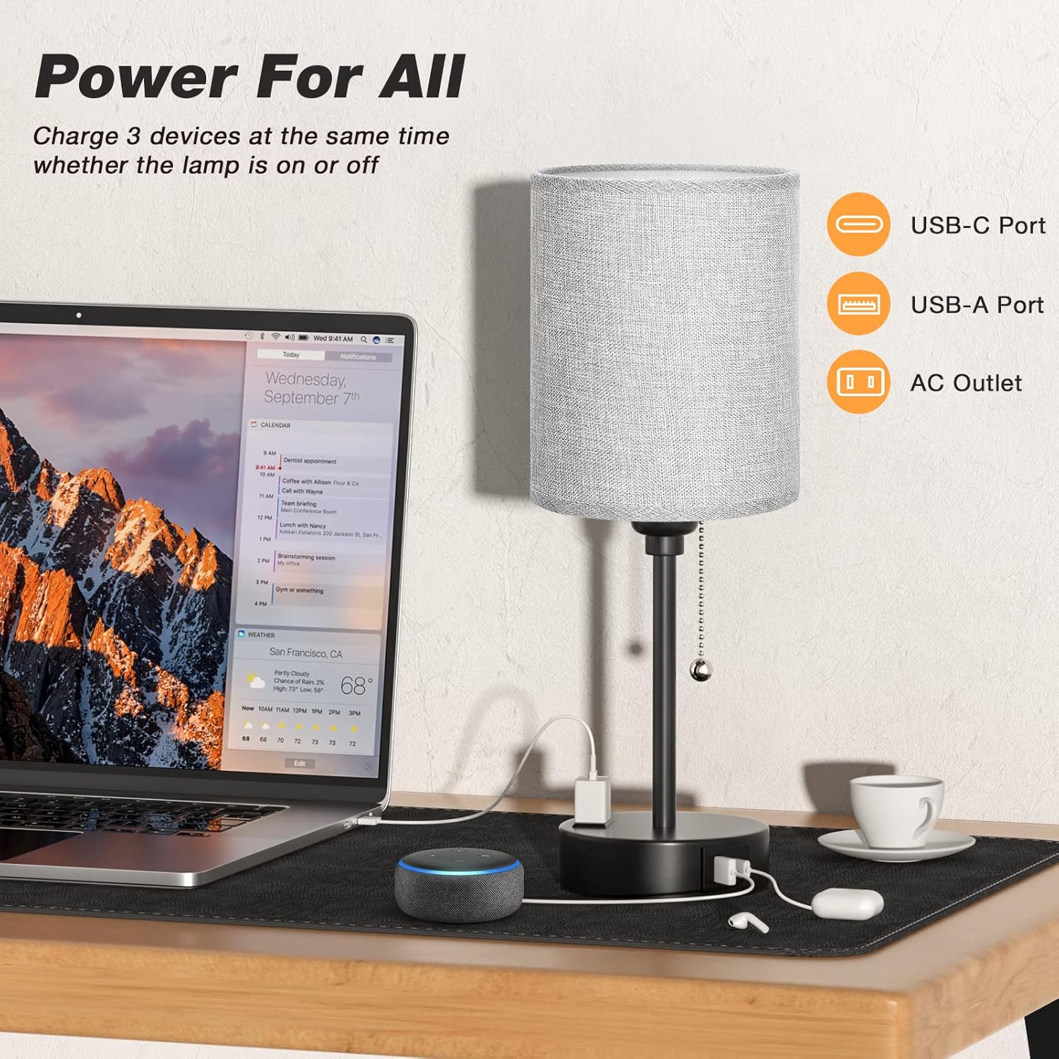 Grey Nightstand Lamps 3 Color Temperatures - 2700K 3500K 5000K Bedside Lamps with USB C and A Ports, Pull Chain Table Lamps with AC Outlet, Small Lamps with Black Metal Base for Sleeping Reading