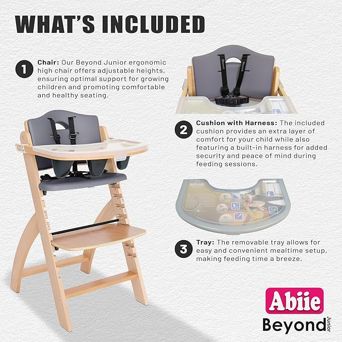 Abiie Beyond Junior Wooden High Chair with Tray - Adjustable and Convertible High Chair for Babies and Toddlers - 6 Months to 250 Lb - Water Resistant - Natural Wood with Dark Grey Cushion