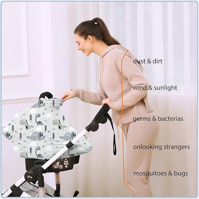 Car Seat Covers for Babies - Multi- use Nursing Carseat Canopy, Breastfeeding Covers, Baby Shower Gifts for Boys and Girls (Grey Dinosaur)