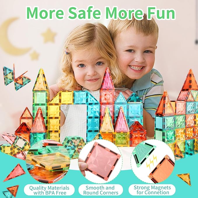 Magnetic Tiles,Magnet Building Blocks Construction Stacking Educational Toy Creative Playboard for Kids Ages 3+ (60 Pieces)