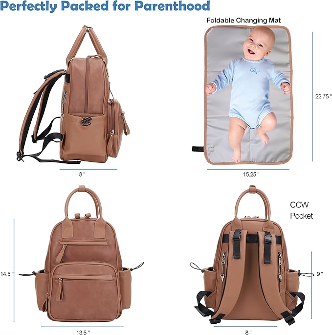 JESSIE & JAMES Saturday EDC Diaper Bag Backpack Multi Function Diaper Bag with Changing Pad & Stroller Straps_Brown