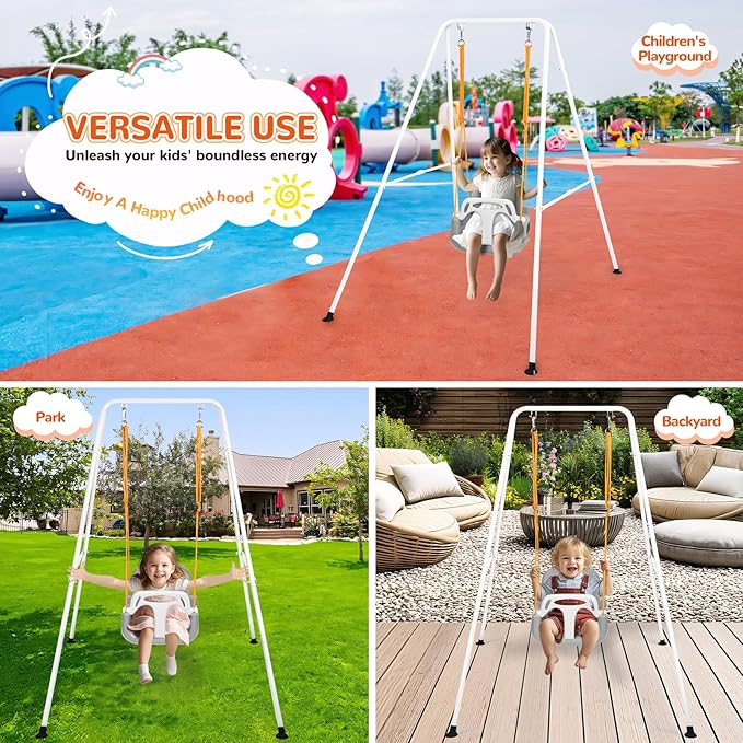 4-in-1 Swing Set & Baby Jumper and Bouncer for Toddler, Heavy Duty Baby Swing Set with Foldable Metal Stand for Indoor & Outdoor Play, Adjustable Swingset for Toddler (White)