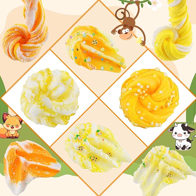 LAWOHO 6 Packs Gradient Yellow Slime Kit - Clear, Butter, Cloud Slimes, Fluffy Slimes for Kids with Charms & Animal Add-ins, Party Favors for Girls & Boys, 360ml Non Stick Slime Making Kit for Kids