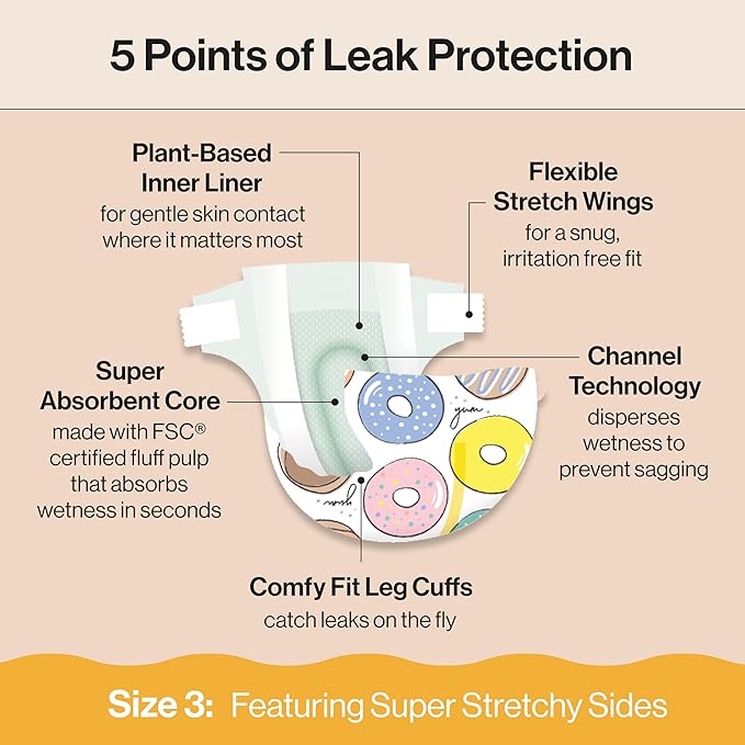 The Honest Company Clean Conscious Diapers for Delicate Skin | Up to 100% Leakproof | Hypoallergenic, Fragrance Free | Gender Neutral | Club Box, Size 3 (16-28 lbs), 62 Count (Prints May Vary)