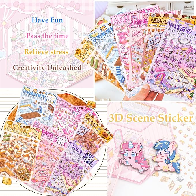 DIY 3D Sticker Scene 6 Sets of Stickers for Girls Make Your Own Mini Room Scene Stickers for Kids Cute Kawaii Sticker Therapy for Adult Relief Stress Pass The Time