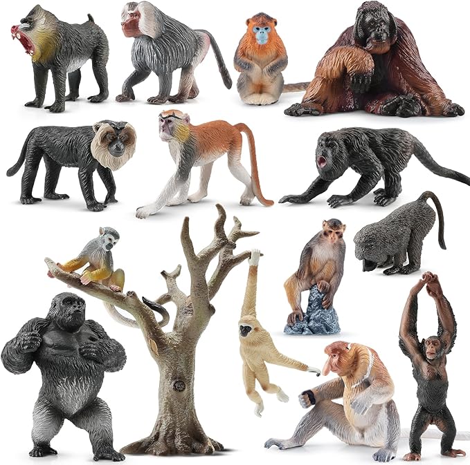 Toymany 15PCS Monkey Primates Figurines, Plastic Jungle Animals Set Included Tree Monkey Ape Tree Chimpanzee Gorilla Orangutan Toys for Kid Todllers