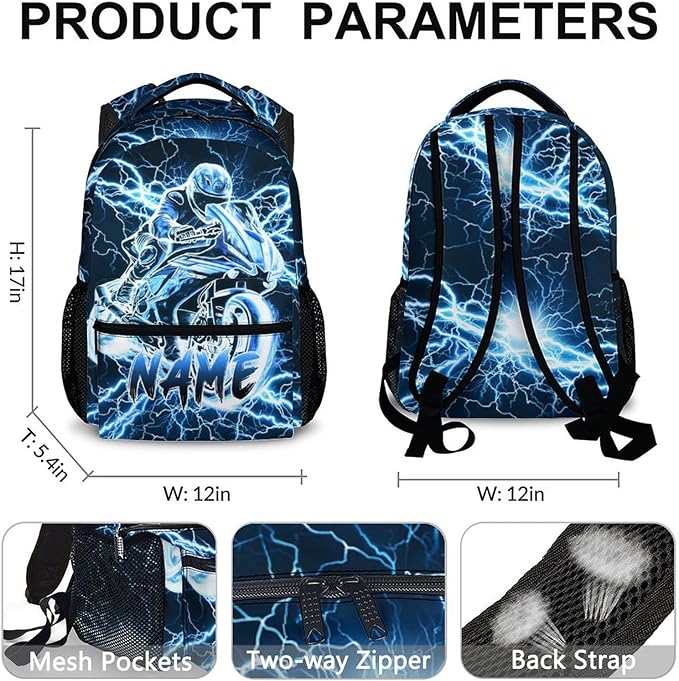 Personalized Backpacks for Boys, Motorcycle Backpack with Custom Name for Kids Kindergarten Primary Elementary Senior Middle, 17 Inch Lightweight Cool Lightning Schoolbag