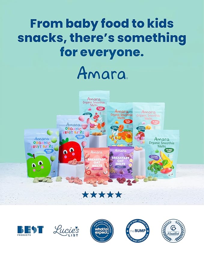 Amara Breakfast Oat Melts - Organic Toddler Snack - Single Serve Fiber-Packed Oat Bites with Real Fruit, No Added Sugar, Quick Dissolving, Strawberry - 12 Pack