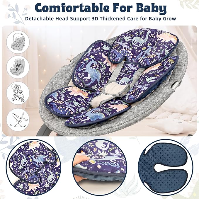 Pea Pod Infant Car Seat Insert 2-in-1 Baby Car Seat Head & Body Support for Newborn Girl Reversible 3 Layer Warm Preemie Carseat Stroller Cushion Headrest with Soft Minky Dot Fabric, Cute Dinosuar