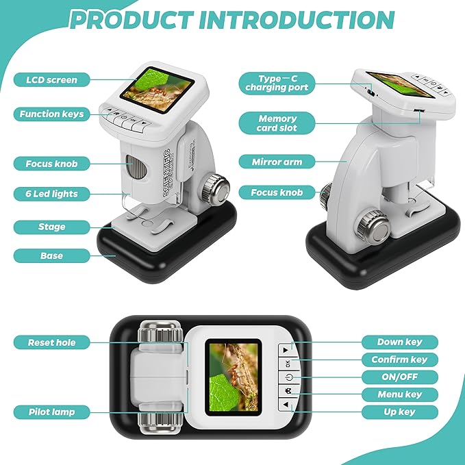 Rechargeable Digital Microscope for Kids 1200X - 2'' LCD Screen STEM Toy with 32G SD Card for Photo/Video, Portable Pocket Microscope for Boys Girls Ages 6,7,8-12, Science Kit Gift Birthday Christmas