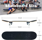 Skateboard,31 x 8 Inch Complete Skateboard, 8-Layer Maple Wood Deck Double Kick Standard Skateboards for Kids, Teens, Adult, Beginner