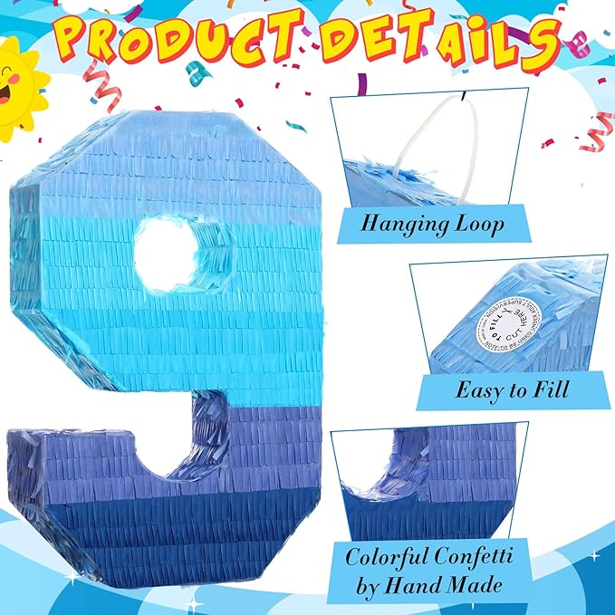 Sratte Number 1 2 3 4 5 6 7 8 9 Piñata with Stick Blindfold Confetti, Gradient Blue Piñata for Kids Boys Girls Birthday Party Anniversary Decorations Supplies(Number 9)