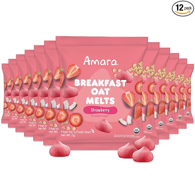 Amara Breakfast Oat Melts - Organic Toddler Snack - Single Serve Fiber-Packed Oat Bites with Real Fruit, No Added Sugar, Quick Dissolving, Strawberry - 12 Pack