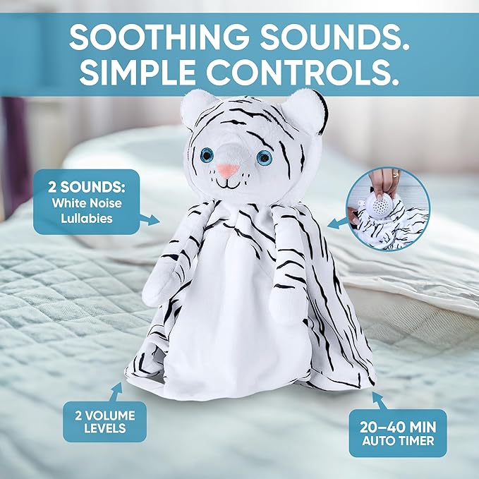 Love By Emi Baby Music Lovey White Tiger, Baby Sleep Soother for Crib & Cuddle Bedtime, White Noise with a Heartbeat & Lullaby, Plush Sound Machine Toy, Stuffed Animal for Newborns, Infants & Toddlers