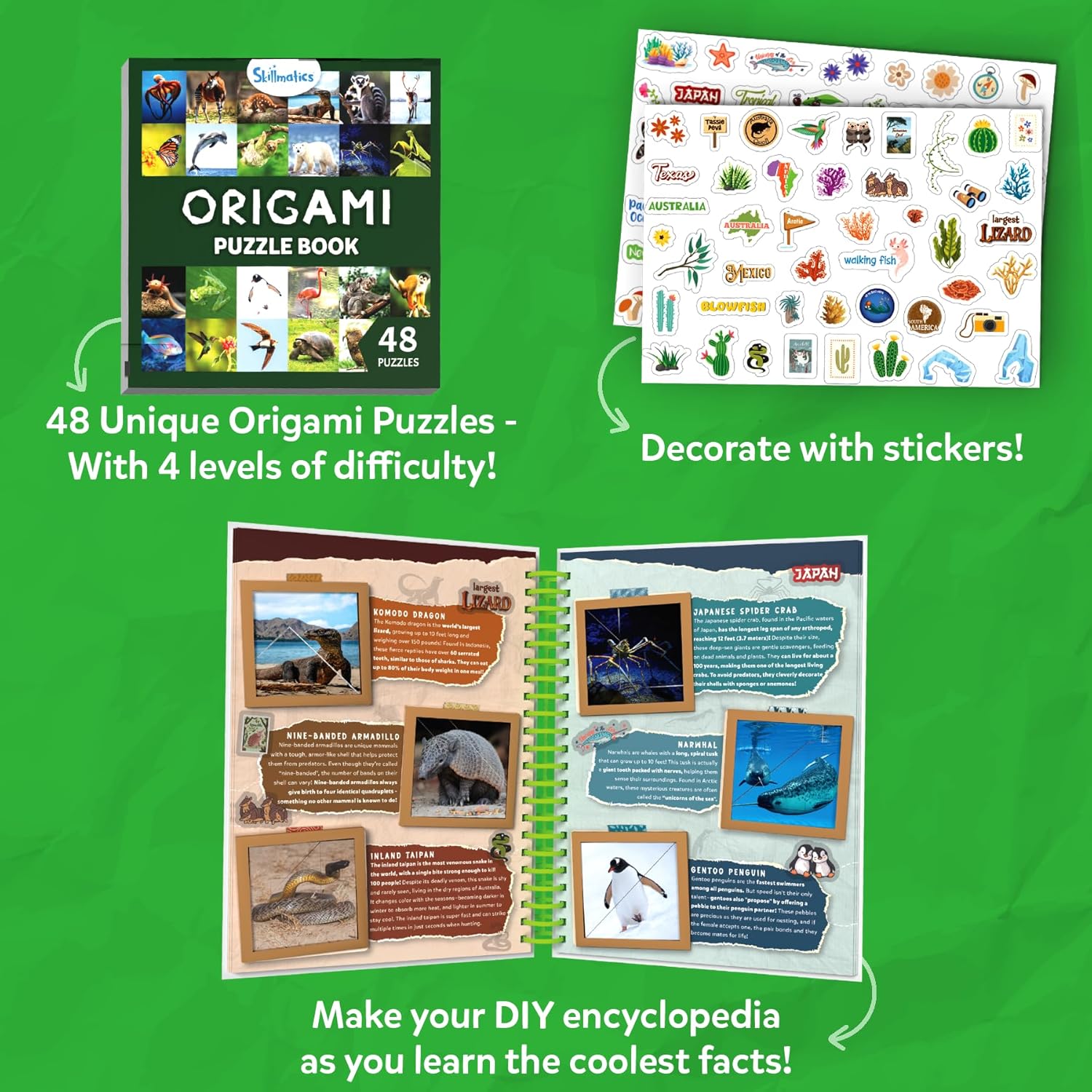 Skillmatics Scrapbooking Kit & Origami Puzzle Book - 48 DIY Folding Puzzles with Fun Fact Encyclopedia, STEM Learning & Travel Toy, Brain Teasers, Educational Gifts for Ages 6, 7, 8, 9, 10 and Up