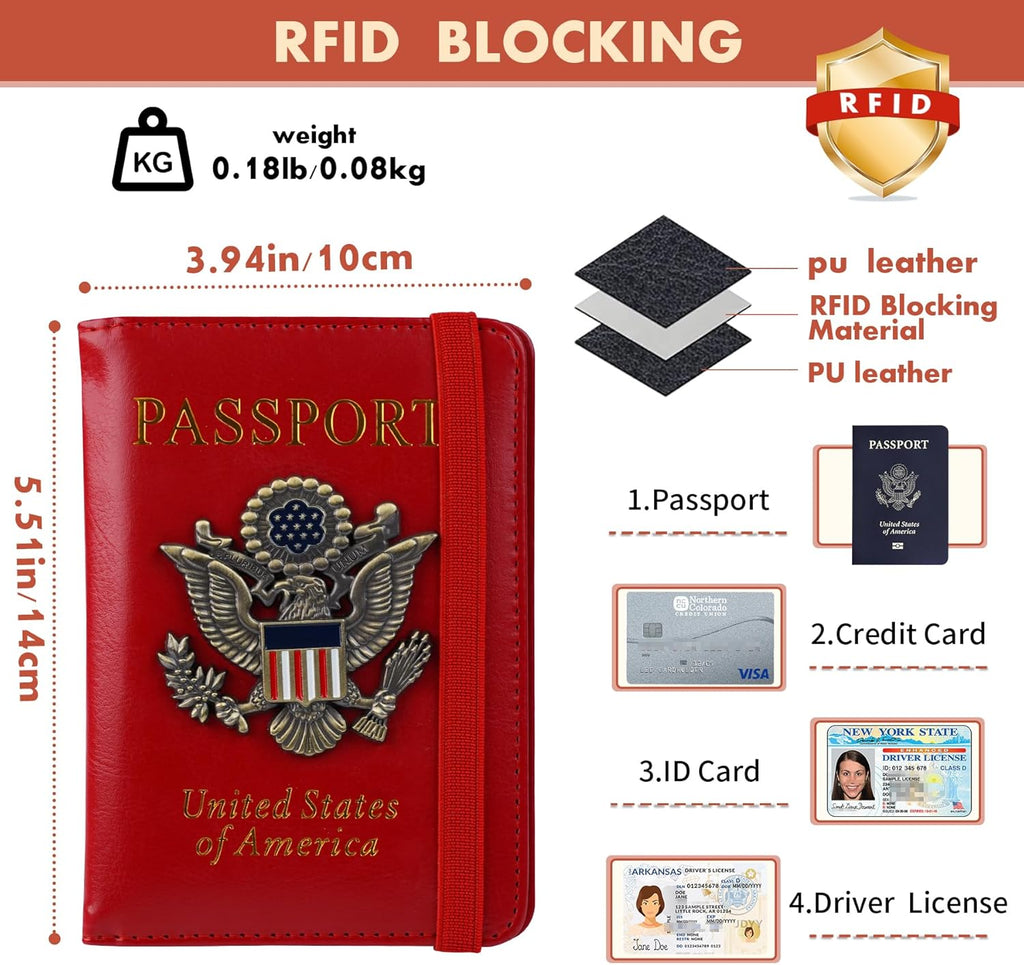 Passport Holder Cover Travel Wallet RFID Blocking Wallets Family Passport Organization Personalized Wallet Case for Men and Women Travel Must Haves (Red)