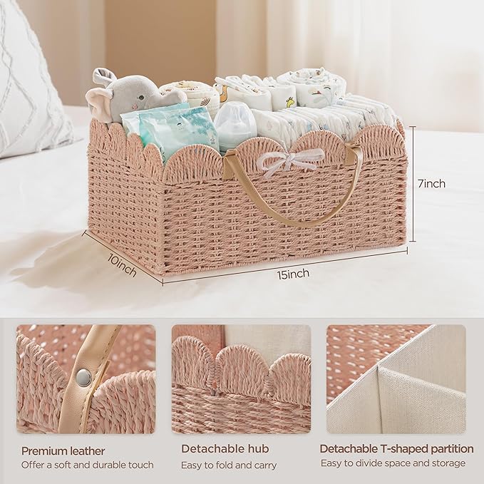 HBlife Baby Diaper Caddy, Paper Rope Storage Baskets Nursery Bin with Removable Divider, Portable Car Organizer for Diapers, Baby Shower Gifts, Newborn Essentials Must Haves