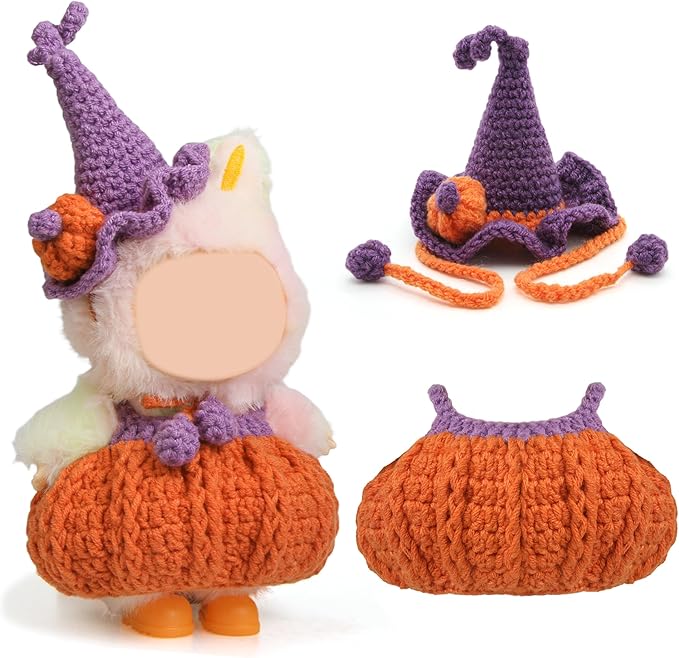 17cm Doll Clothes Set - Handmade Knitted Adorable Witch Pumpkin Style for Dolls Dress Up (Purple)