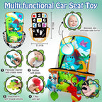 Baby Car Seat Dinosaurs Toys - Kick and Play Double Sided Infant Car Seat Toys with Plush Toys, Mirror, Teether for Baby, Babys Travel Activities, Christmas Birthday Gifts Newborn Infant Toys