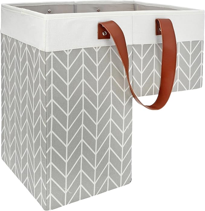 SAM AND MABEL Stair Basket with Chevron Pattern – 16”L x 9.5”W x 16”H Staircase Basket with Handles, Foldable Stairway Storage Organizer for Home Office Decor (Smart Gray-White)