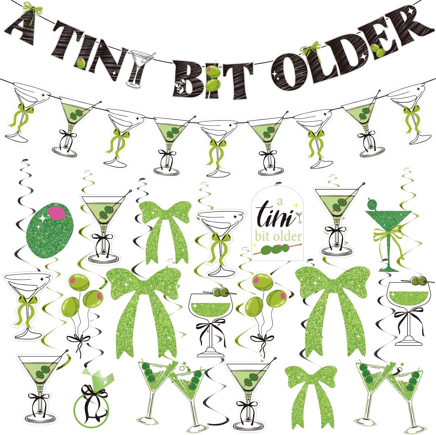 A Tini Bit Older Birthday Decorations, Pre-Strung Banners and 20 Hanging Swirls, Martini Party Decorations, Funny Adult Birthday Party Décor for Girls Women
