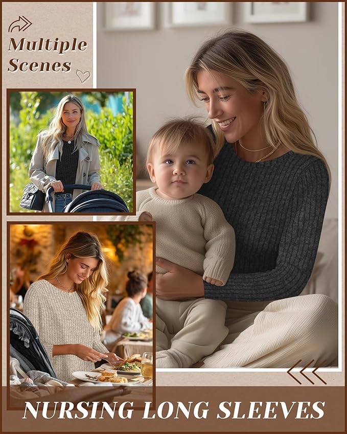 3 Pack Women's Nursing Long Sleeve Tops Breastfeeding Thermal Sweaters with Hidden Zipper Maternity Ribbed Shirts