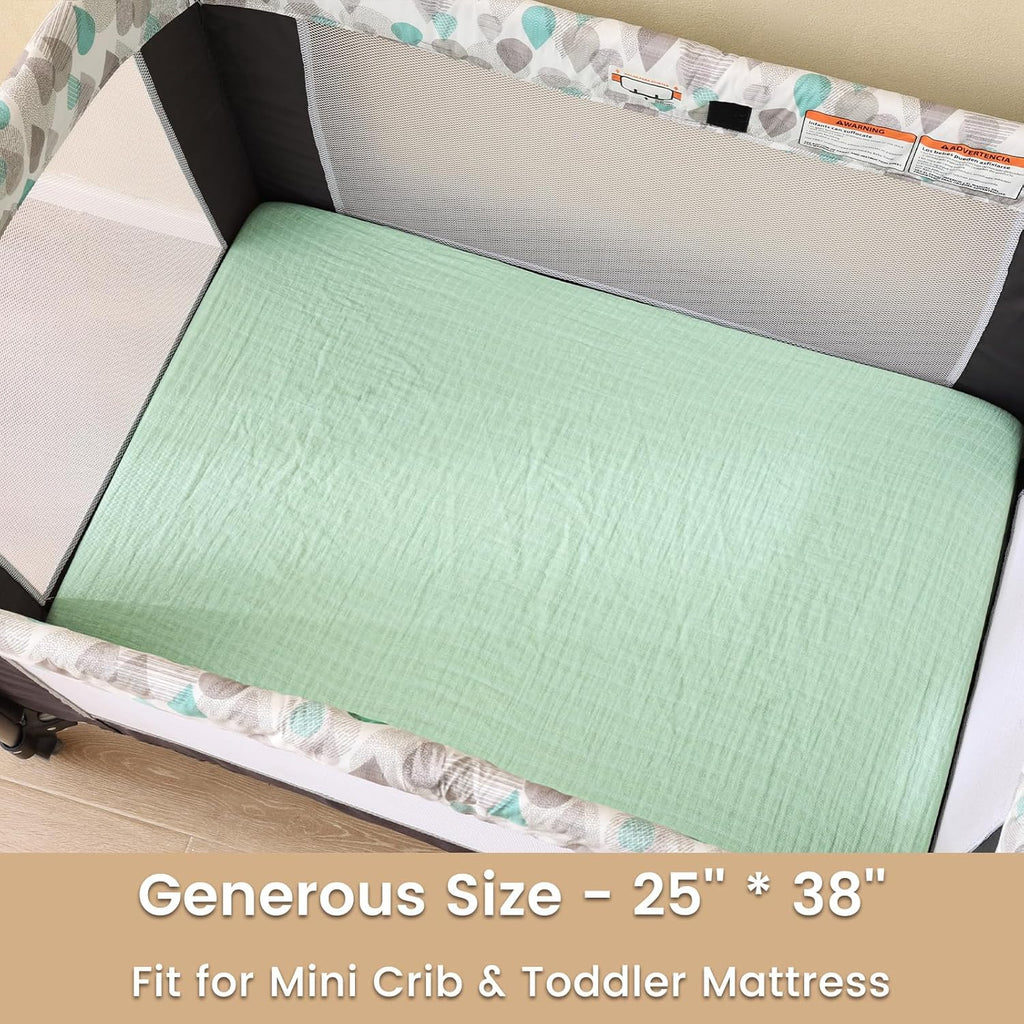 david's kids Muslin Mini Crib Sheets, 2 Pack Cotton Pack N Play Sheets for Boys Girls Neutral, Soft Breathable Baby Sheets Fit Pack N Play, Playard and Mini Crib Mattresses, Beige & Green