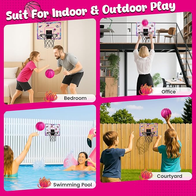 LovesTown Mini Indoor Basketball Hoop for Kids, Pink Basketball Hoops Over The Door with LED Lighting - 4 Balls - DIY Stickers, Great for Home, Dorms, Offices, and Gifts for Girls