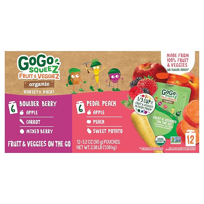 GoGo squeeZ Organic Fruit & veggieZ Applesauce and Puree Variety Pack, Pedal Peach and Boulder Berry, 3.2 oz (Pack of 12), Unsweetened Snacks for Kids, BPA Free Pouches