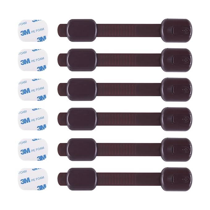 Child Safety Cabinet Locks (6 Pack) – Adjustable Baby Proofing Strap Latches with Strong 3M Adhesive – No Drill Childproof Locks for Drawers, Cabinets, Fridge, Door, Closet, Brown