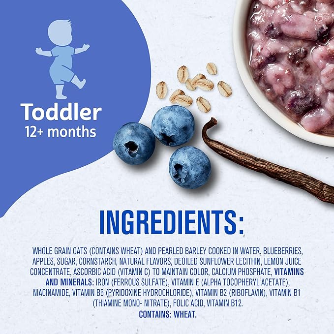 Gerber Toddler Food, Baby Food, Breakfast Oatmeal with Barley, Vanila Berry Flavor, Cereal, Iron Helps Support Brain Development, 8 Pack