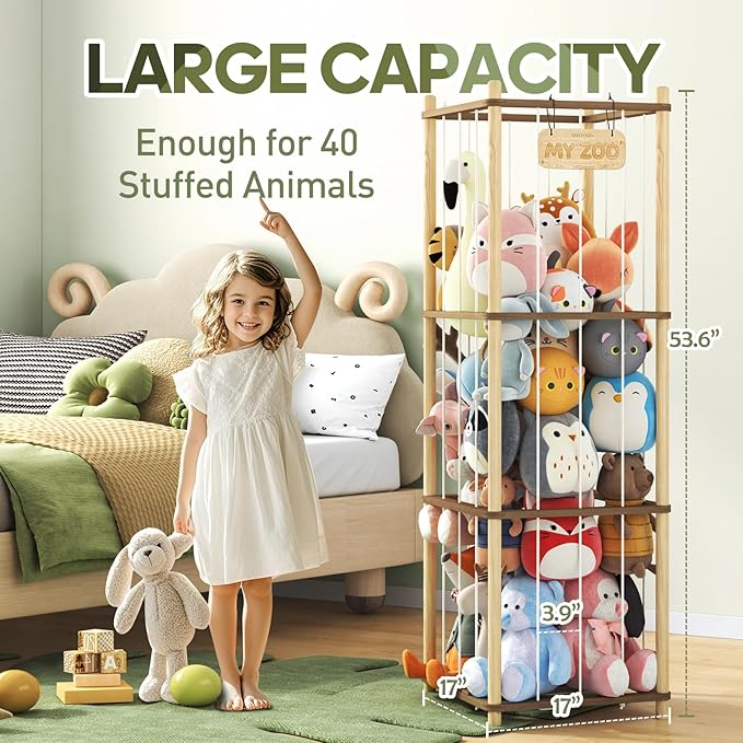 Stuffed Animal Storage, Two-Tone Wood Toy Storage, Space Save Zoo Toy Organizer, Large Capacity Stuffed Animal Holder for Toddler, Gift for Playroom Bedroom Nursery, WJJ-S1