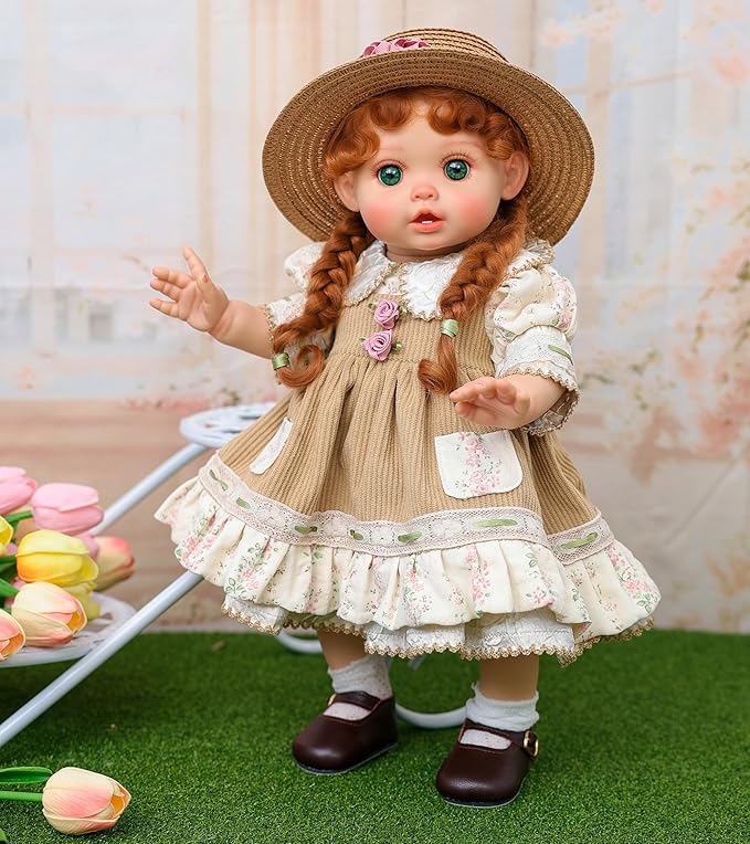 Reborn Baby Dolls – 18 Inch Realistic Reborn Toddler Doll Country-Inspired Girl with Braided Hair, Straw Hat & Floral Layered Dress, Gifts for 3+ Year Old Girls, Collectors