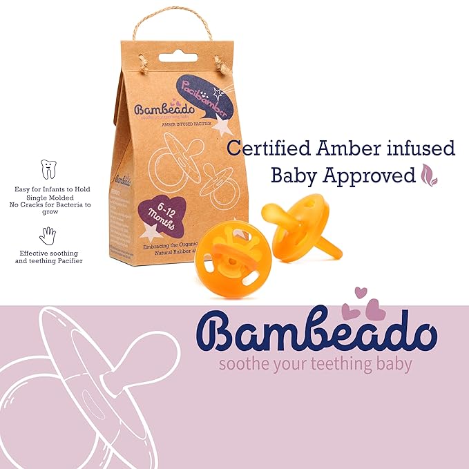 PaciBamber - Natural Pacifier and Baby Teething Toy Amber Oil Pacifier, Special Baltic Amber with Natural Rubber BPA-Free and Soft for Sore Gums, Baby Pacifiers 6-12 Months (PaciBamber-2unit)