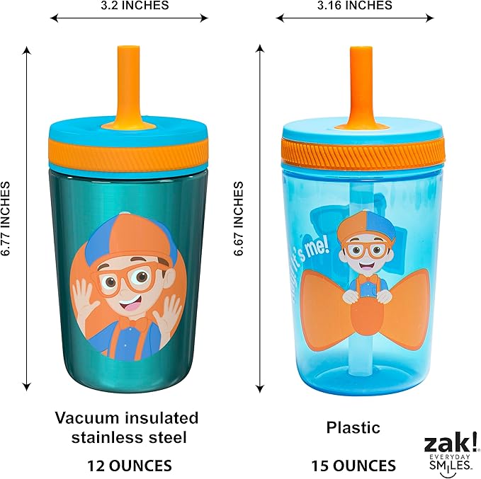 Zak Designs Blippi Kelso Toddler Cups For Travel or At Home, 12oz Vacuum Insulated Stainless Steel Sippy Cup With Leak-Proof Design is Perfect For Kids