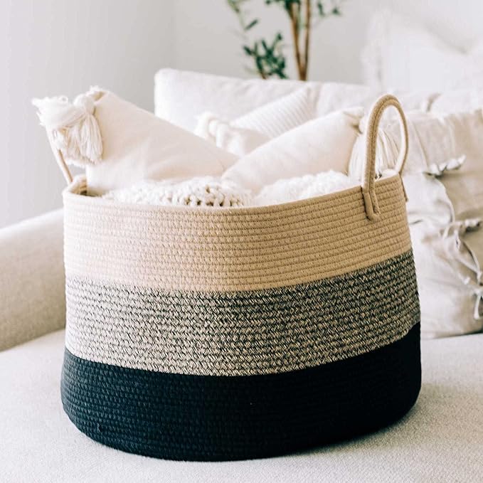 OrganiHaus Woven Laundry Basket, Large Cotton Rope Blanket Holder with Handles, Soft & Sturdy Nursery Hamper, Decorative Toy Bin for Living Room Organization 20x13 inches - Brown/Black