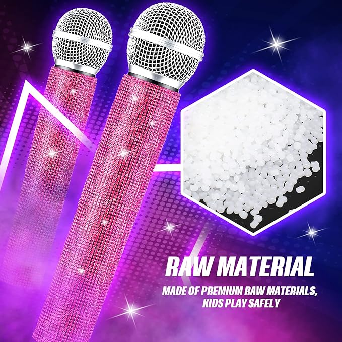 Sanwuta Fake Microphone Prop Sparkly Bling Rhinestones Plastic Play Microphone Pretend Glitter Bedazzled Mic for Cosplay Party Costume(Pink)