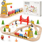 Tiny Land 55PCS Wooden Train Set - Compatible with Major Brand Tracks, Educational Toy for Toddlers & Kids Ages 3-7, Durable Wooden Railway Tracks