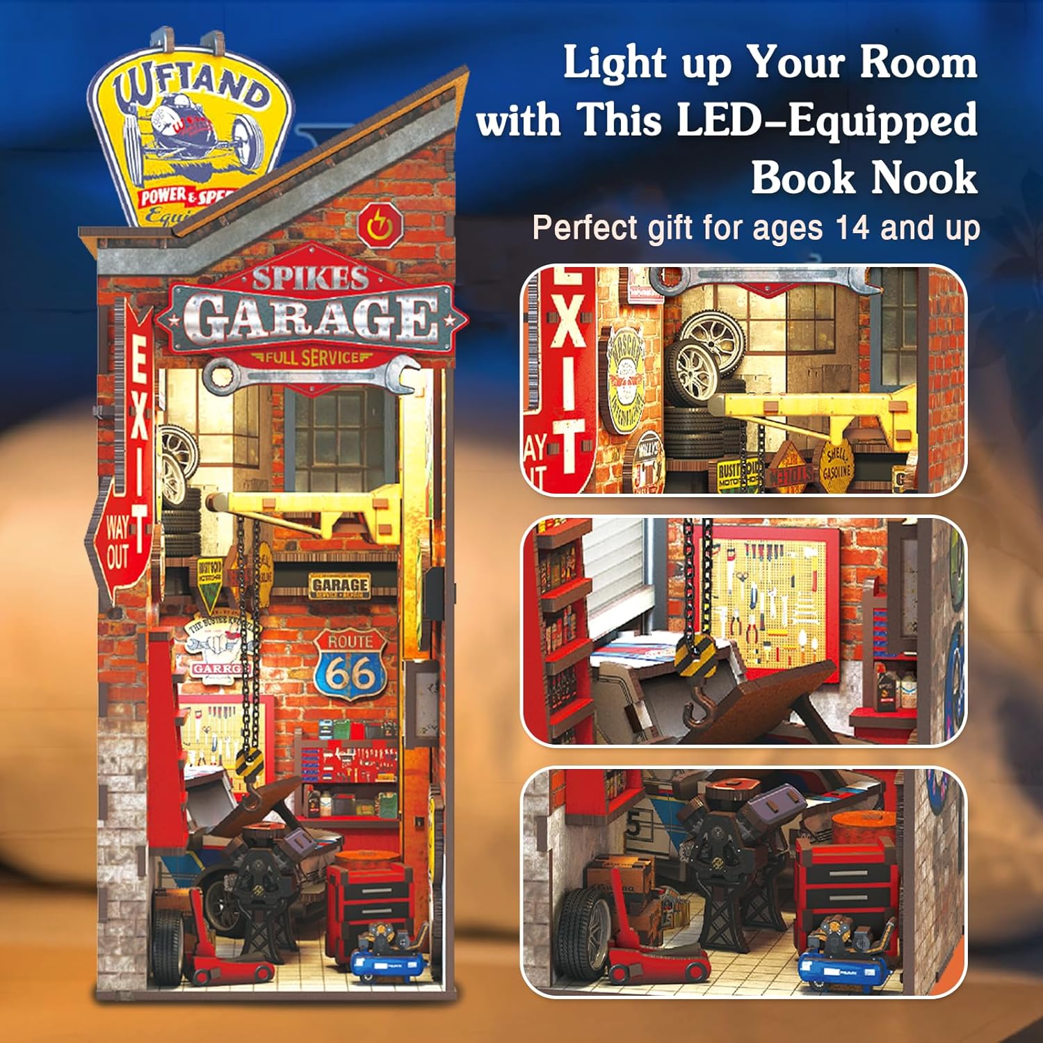 Garage Book Nook Kit - 3D Wooden Puzzle Miniature Book Nook Kits for Adults Teen, DIY Dollhouse Bookshelf Insert Decor with Sensor LED Light, Gift for Family, Friends