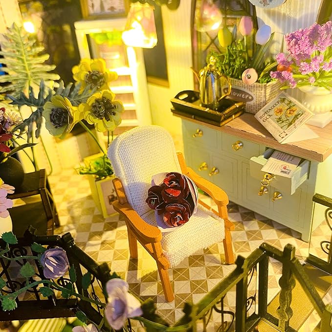 DIY Miniature Dollhouse Kit, Mini House Building Kit for Adults, Tiny House Making Kits with LED Light, Hobby Craft Christmas Decorations Birthday Gifts for Adults (Flower House)
