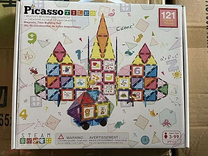PicassoTiles 121 pc Master Builder Magnetic Building Block Construction Set Magnet Tiles Blocks with Car Truck, 2 Character Action Figures, 28 Educational Alphabet Animal and Number Graphics, Windmill
