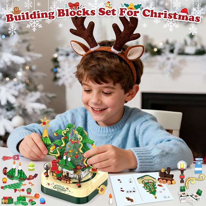 SpringFlower 594 PCS Christmas Tree Building Block Set, Rotating Music Box Christmas Building Block Tree for Boys Girls Adults, Xmas Gifts Decorations for Kids Adults Teens,Green