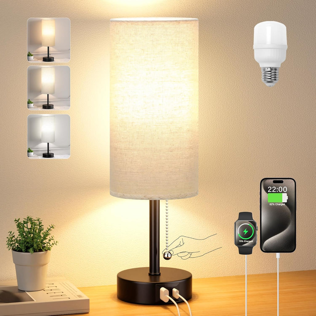 Small Bedside Lamp for Bedroom Nightstand - Table Lamp with USB A + C Charging Port, 3 Color Temperatures Pull Chain Night Stand Light, Side Table Desk Reading Lamp for Living Room/Dorm Room