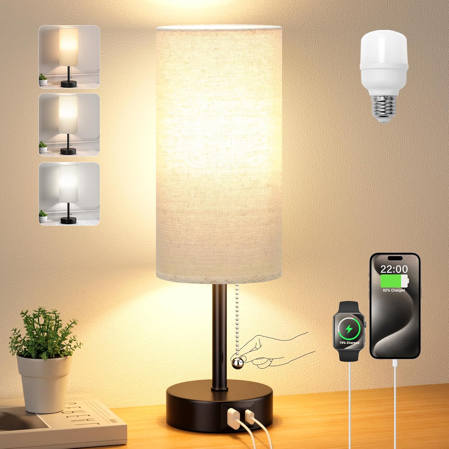 Small Bedside Lamp for Bedroom Nightstand - Table Lamp with USB A + C Charging Port, 3 Color Temperatures Pull Chain Night Stand Light, Side Table Desk Reading Lamp for Living Room/Dorm Room