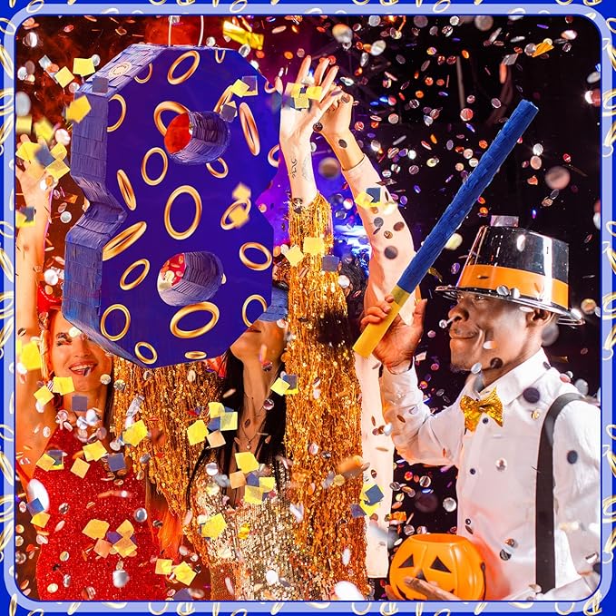 Number 8 Blue and Golden Rings Piñata for Kids Birthday Cartoon Theme Small Piñata with Blindfold Stick Confetti for Fiesta Cinco De Mayo Party Decor, 15.8 x 11 x 2.8 Inch