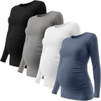 Ficerd 4 Pack Women's Maternity Shirts Cotton Long Sleeve Ribbed Crew Neck Pregnancy Tops Side Ruched Casual Mama Clothes